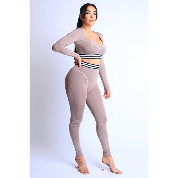 Women's Striped Elastic Waist Band Reverse Cover Stitch Detailed 2 Piece Set - Picture 2 of 9